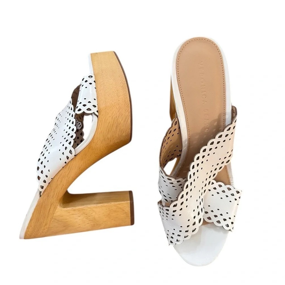 Veronica Beard White Laser Cut Leather Wooden Platform Block Heel Sandals 8.5M